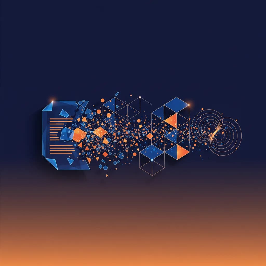 Ilustración abstracta de transformación de datos financieros con formas geométricas fluidas en azul y naranja