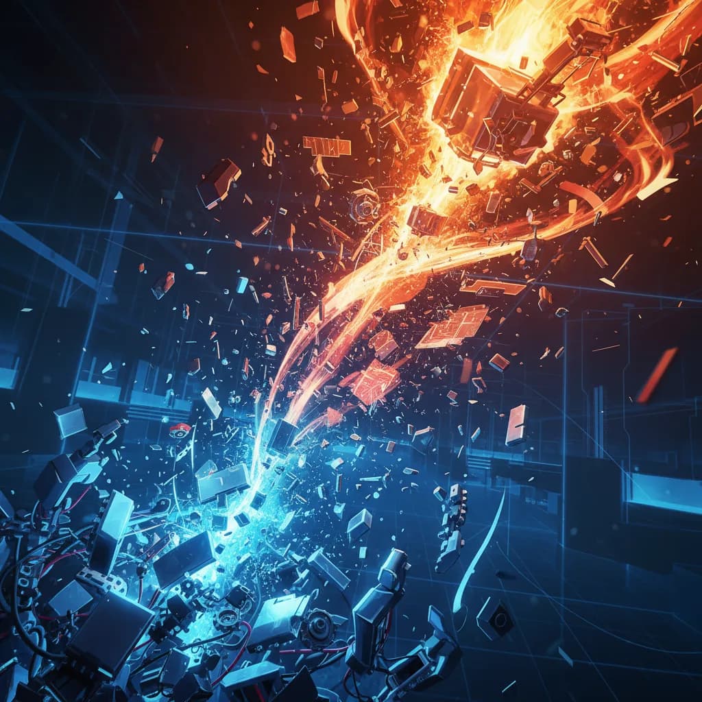Ilustración abstracta de componentes robóticos fragmentándose, simbolizando la quiebra y transformación industrial