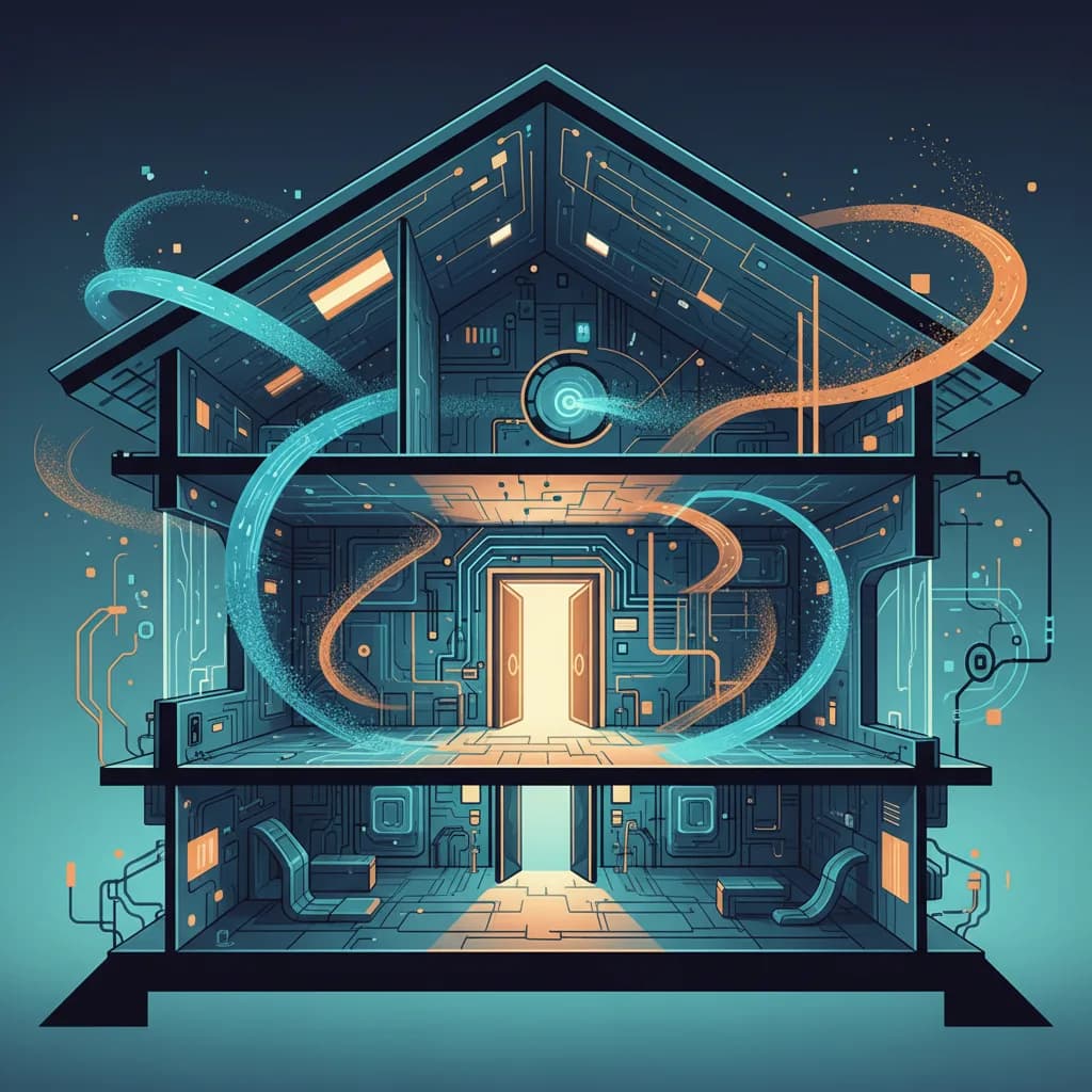Ilustración editorial de una casa digital en transformación con elementos arquitectónicos y tecnológicos fusionándose