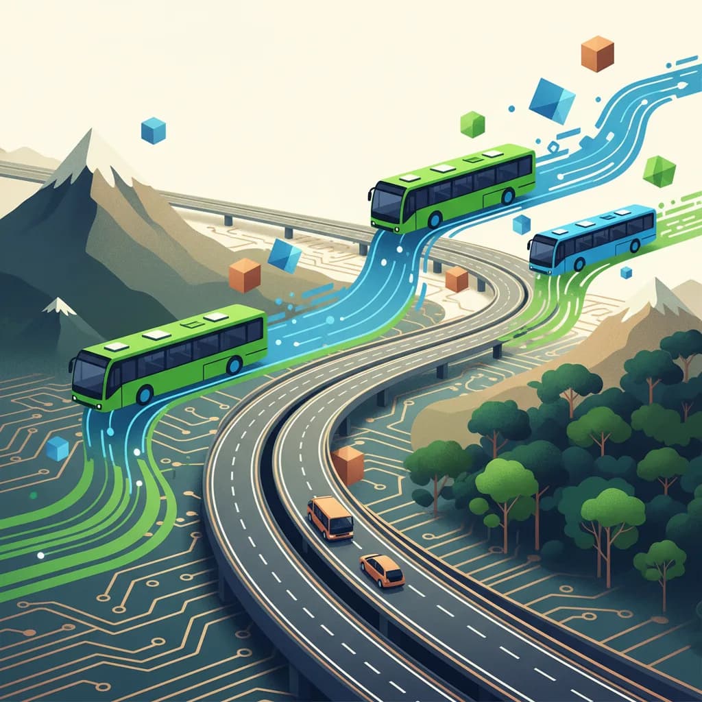 Ilustración conceptual de autobuses eléctricos y expansión tecnológica entre Chile y Brasil