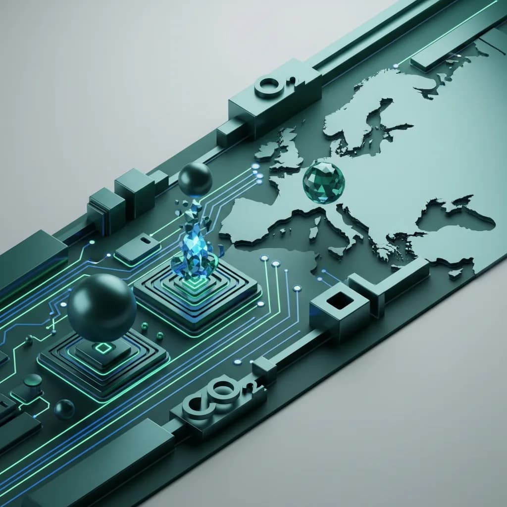 Ilustración abstracta de tecnología de captura de carbono con formas geométricas y circuitos luminosos