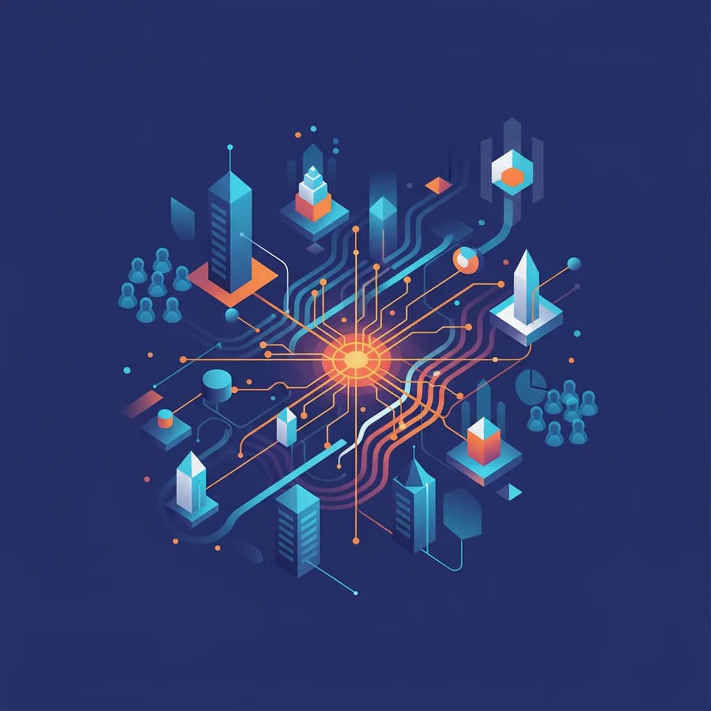 Ilustración abstracta de redes de responsabilidad en IA con formas geométricas interconectadas en azul y naranja