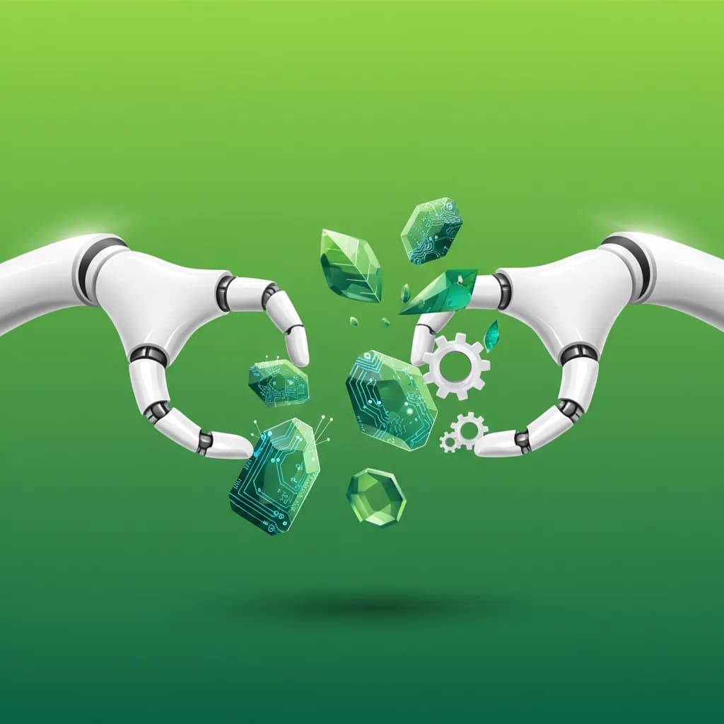 Ilustración abstracta de robots y elementos verdes representando la innovación sostenible de Apple en reciclaje