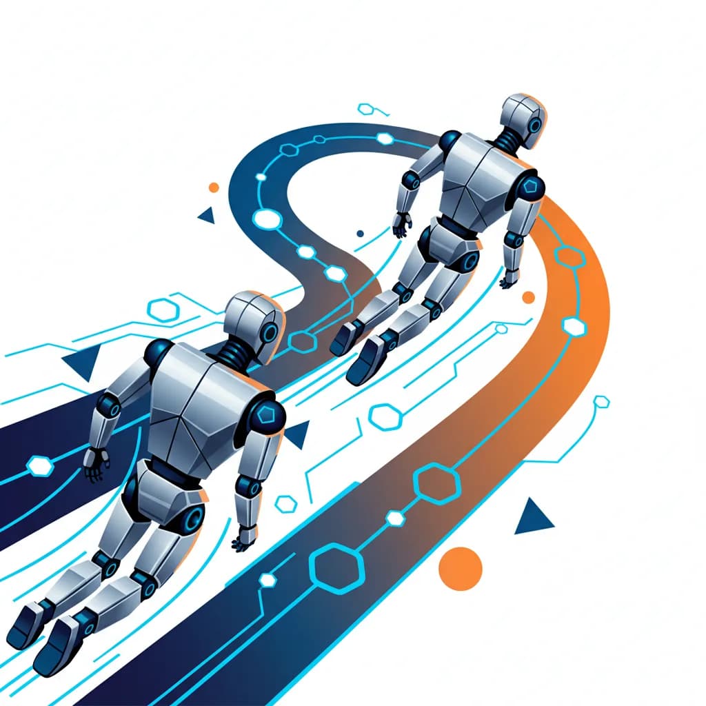 Ilustración abstracta de robots autónomos navegando por campus universitario con diseño geométrico moderno