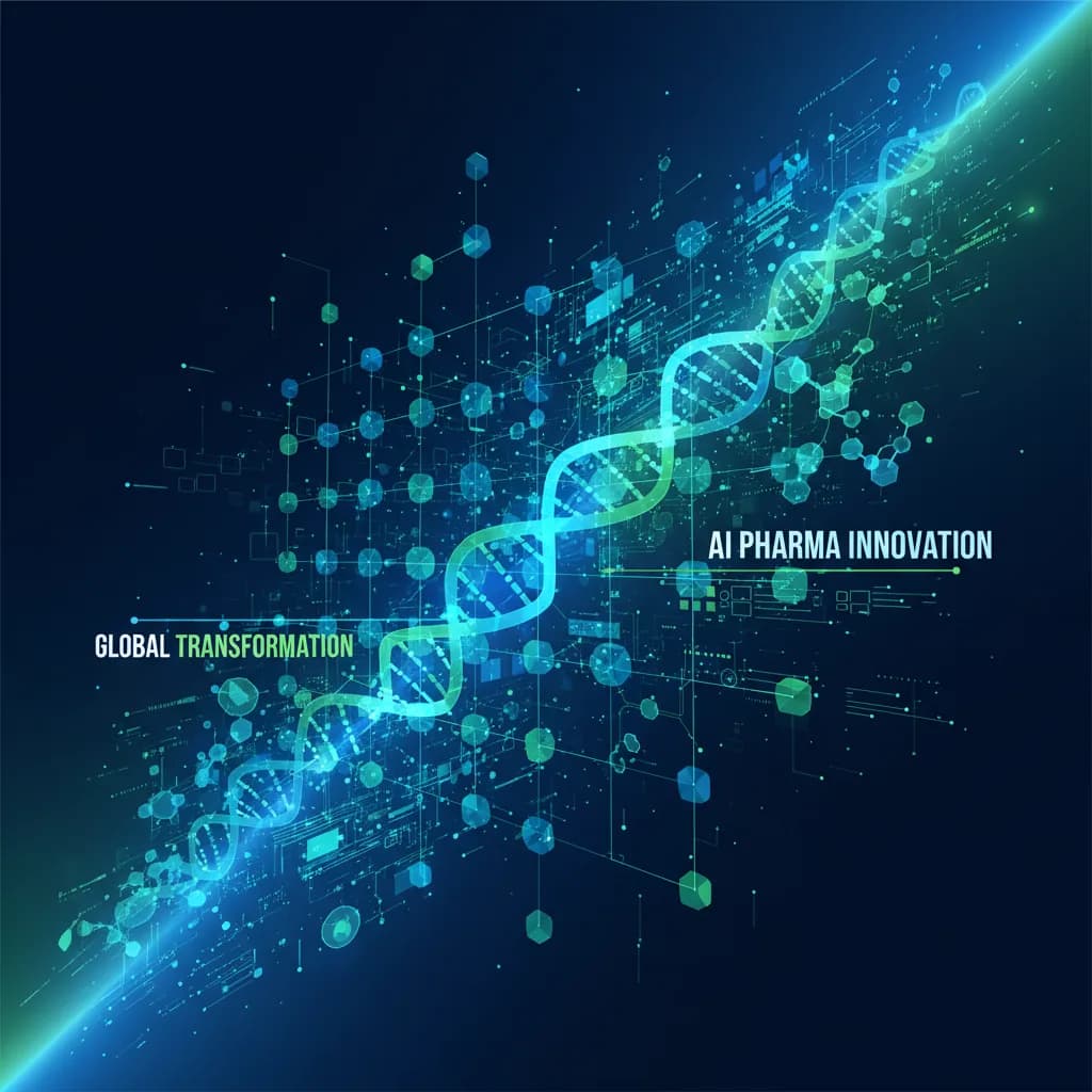 Ilustración abstracta de redes neurales y estructuras moleculares digitales representando IA en farmacéutica