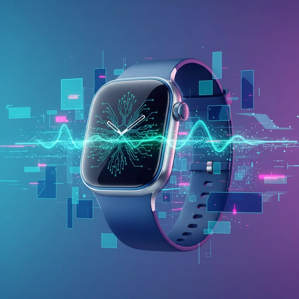 Ilustración editorial de smartwatch Samsung con ondas biométricas y algoritmos predictivos en entorno digital