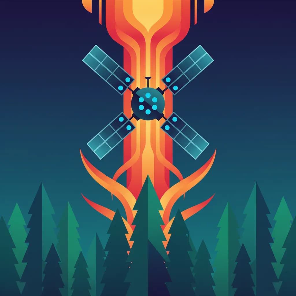 Ilustración editorial de satélite detectando incendios forestales con IA, colores vibrantes y diseño moderno