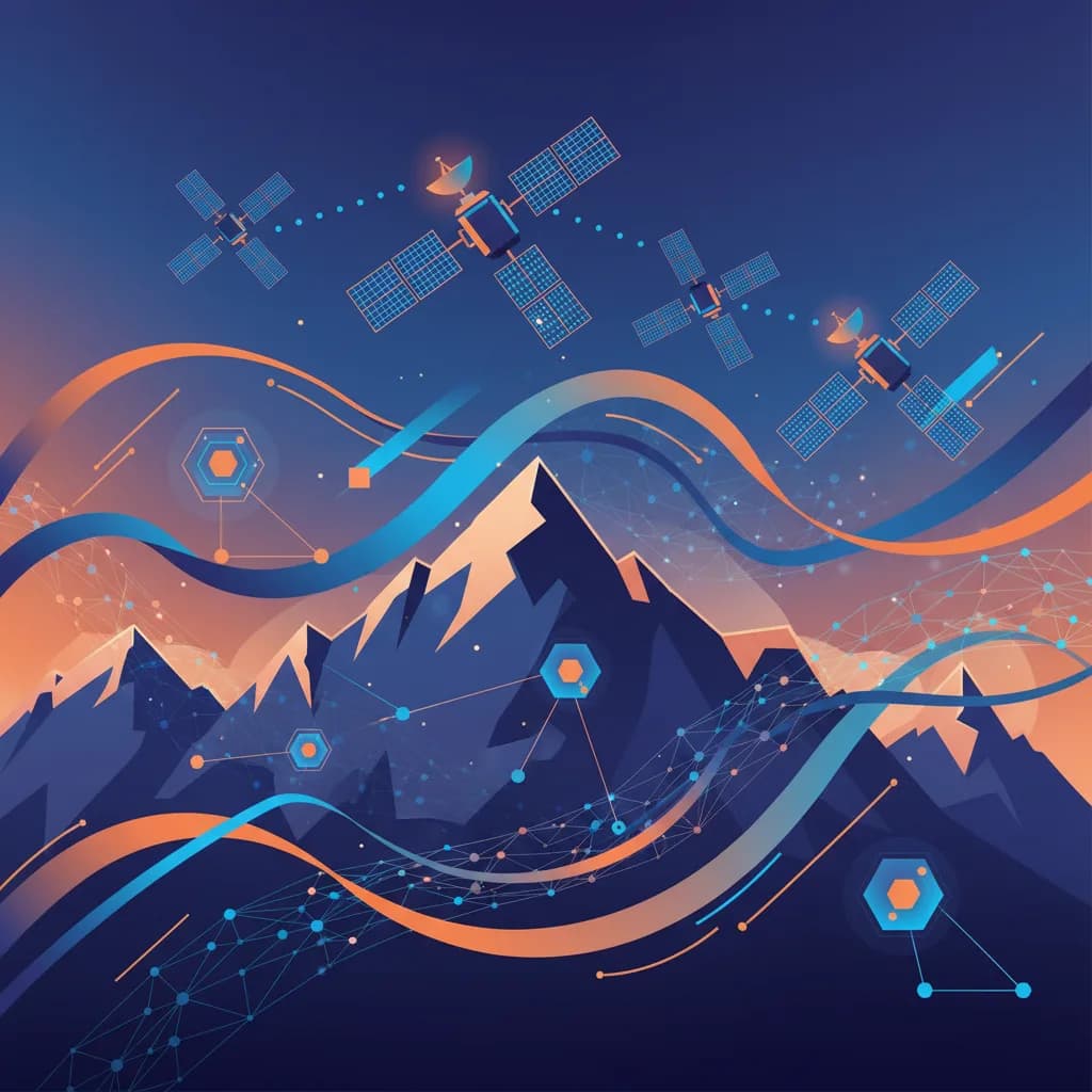 Ilustración editorial abstracta de satélites IA detectando incendios antes que NASA con redes neuronales