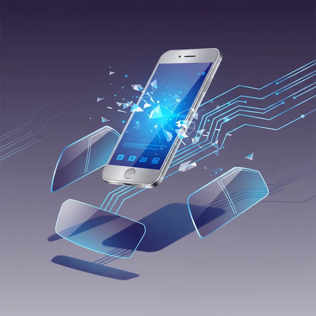 Ilustración editorial de smartphone flotante con patrones geométricos de ventanas automotrices y elementos digitales