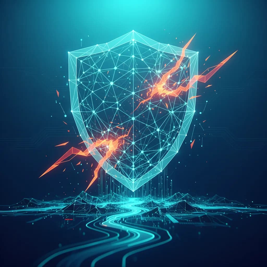 Ilustración abstracta de seguridad open source con escudo digital y flujos de datos en colores vibrantes