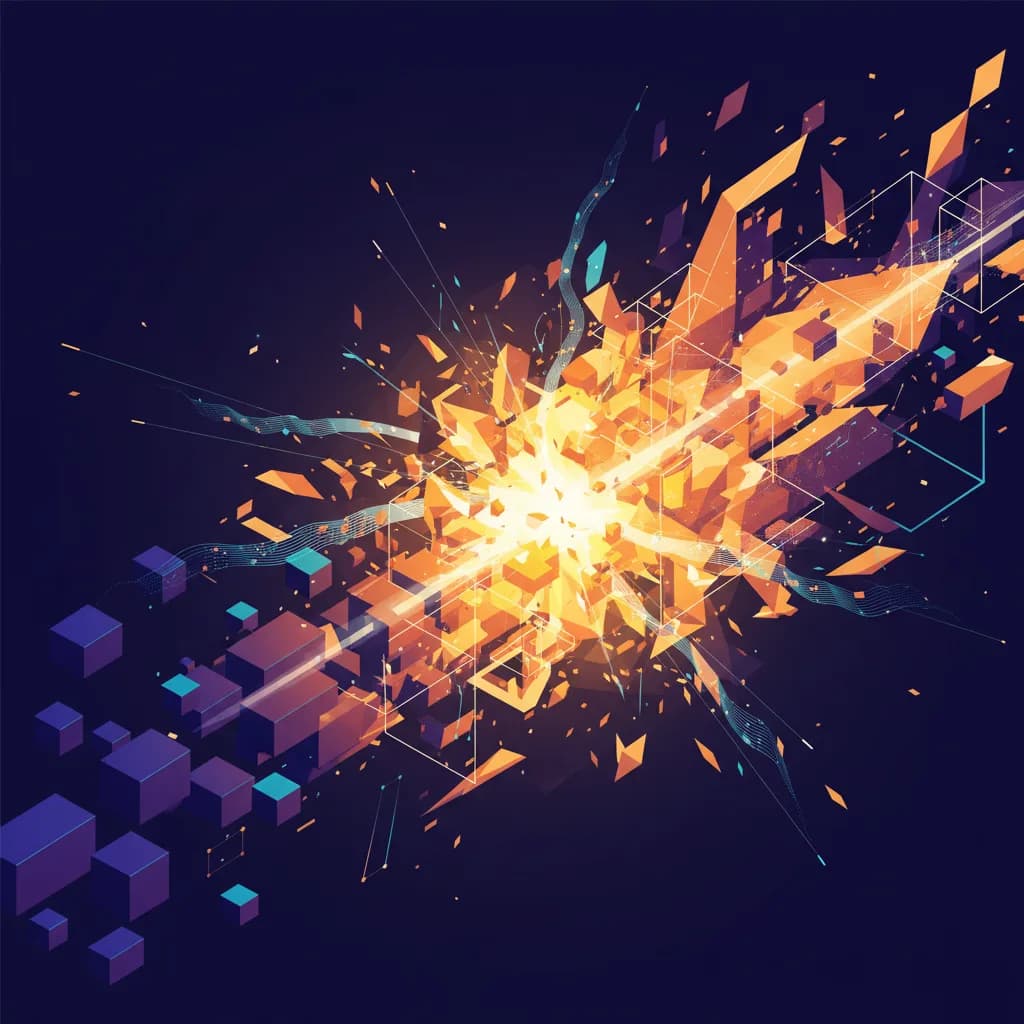 Ilustración abstracta de transformación geométrica con estructuras cristalinas interconectadas en tonos púrpura y dorado