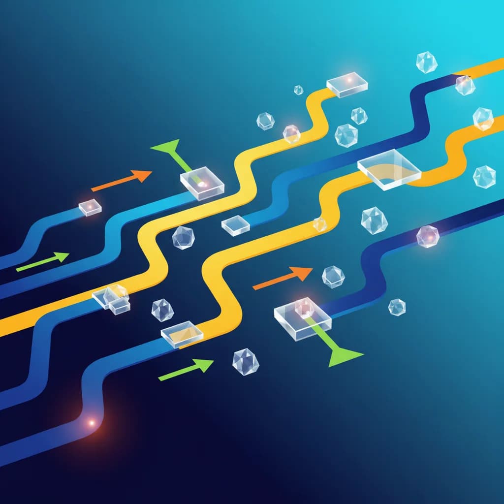 Ilustración abstracta de flujos de datos y procesamiento acelerado con elementos geométricos en azul y amarillo