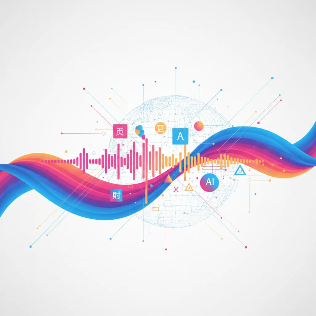 Ilustración abstracta de ondas sonoras digitales y formas geométricas representando IA musical global