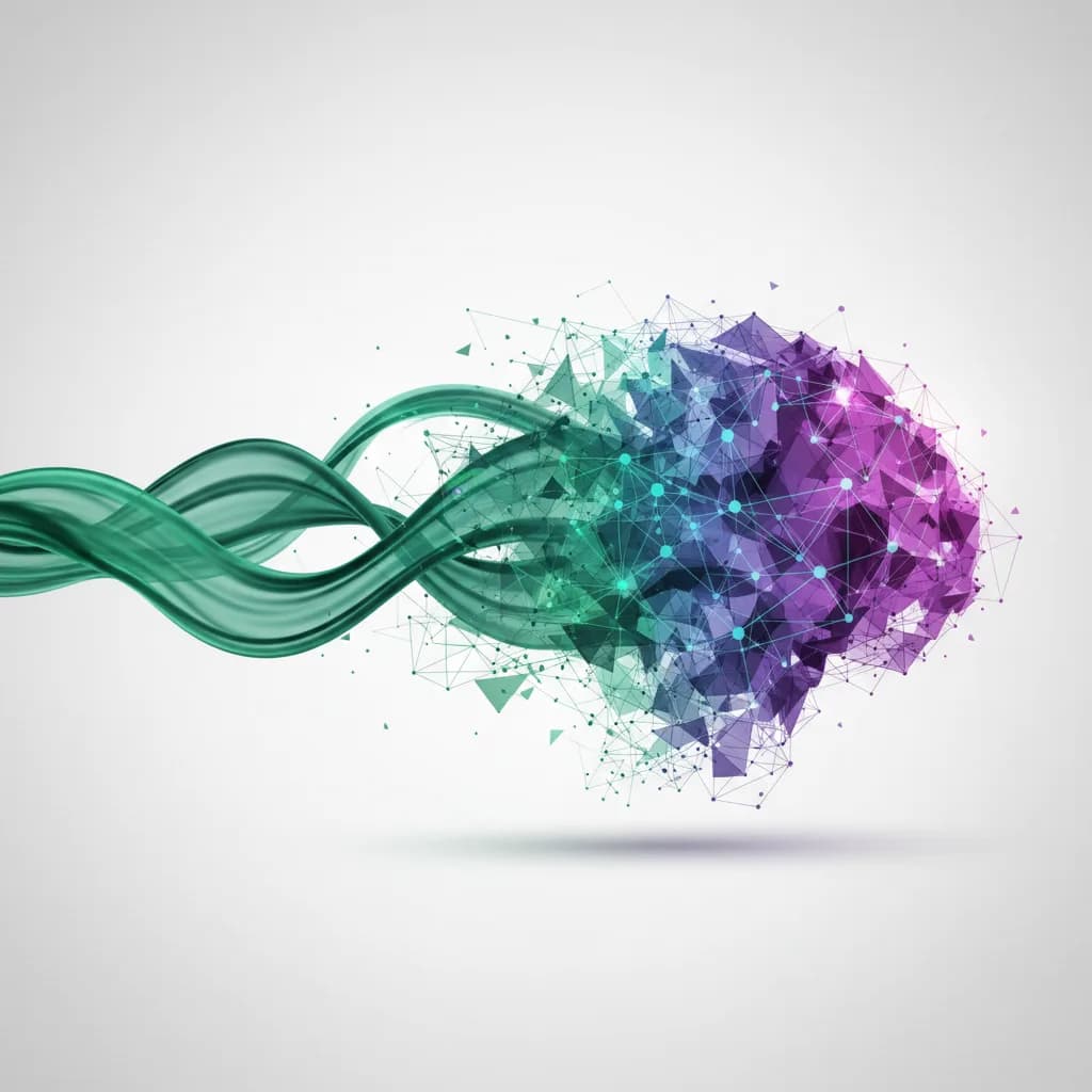 Ilustración abstracta de ondas sonoras transformándose en redes neuronales de IA en colores vibrantes
