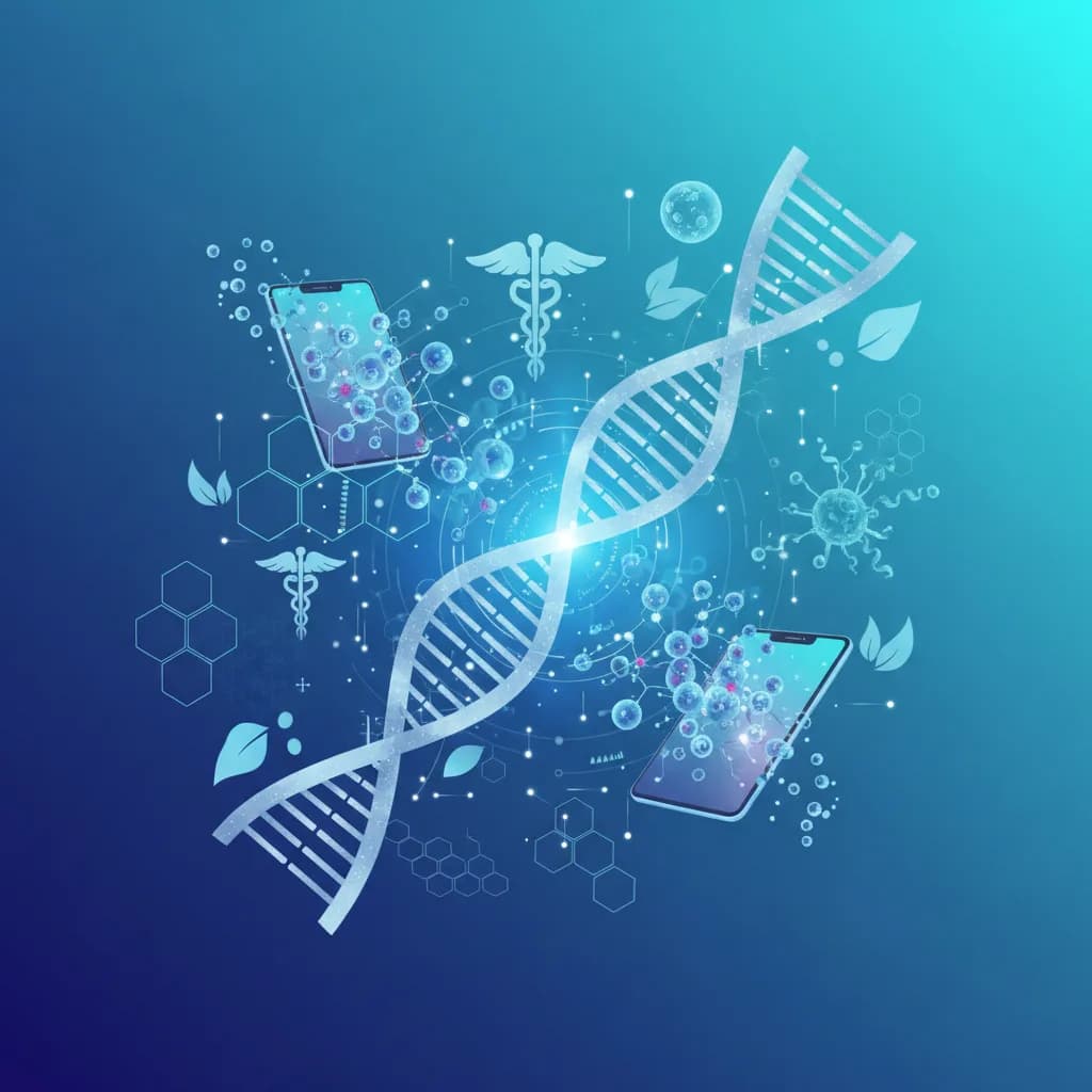 Ilustración abstracta de terapias digitales con elementos tecnológicos y biomédicos en azul y cian