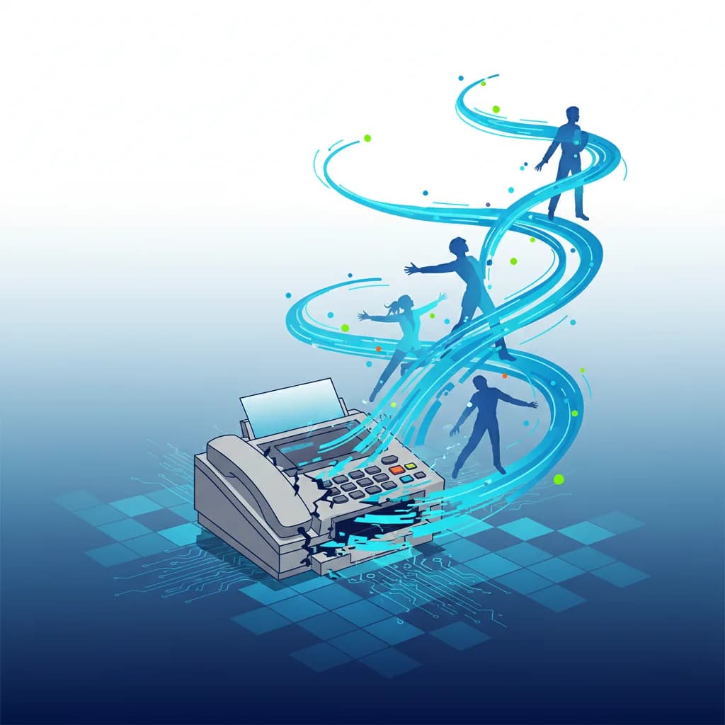 Ilustración abstracta mostrando transformación digital de fax obsoleto a flujos de datos modernos en salud