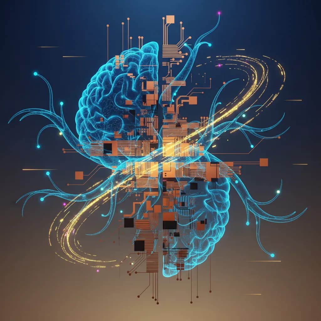 Ilustración abstracta de neuronas fusionándose con circuitos digitales representando computación biológica en IA