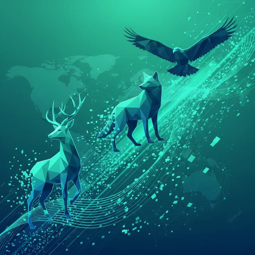 Ilustración abstracta de IA identificando fauna silvestre con formas geométricas y flujos de datos digitales