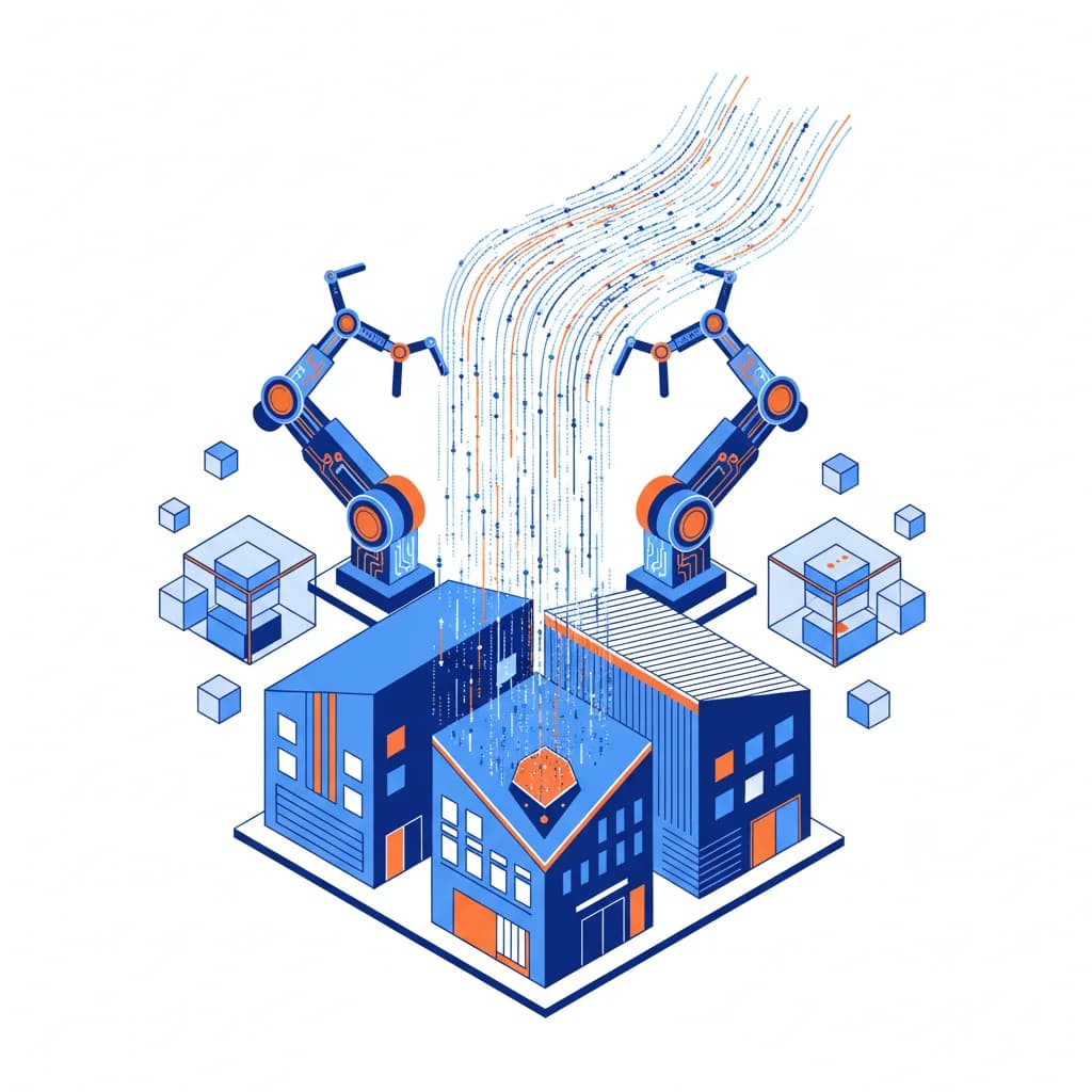 Ilustración editorial de automatización logística con elementos geométricos y tecnológicos en colores vibrantes