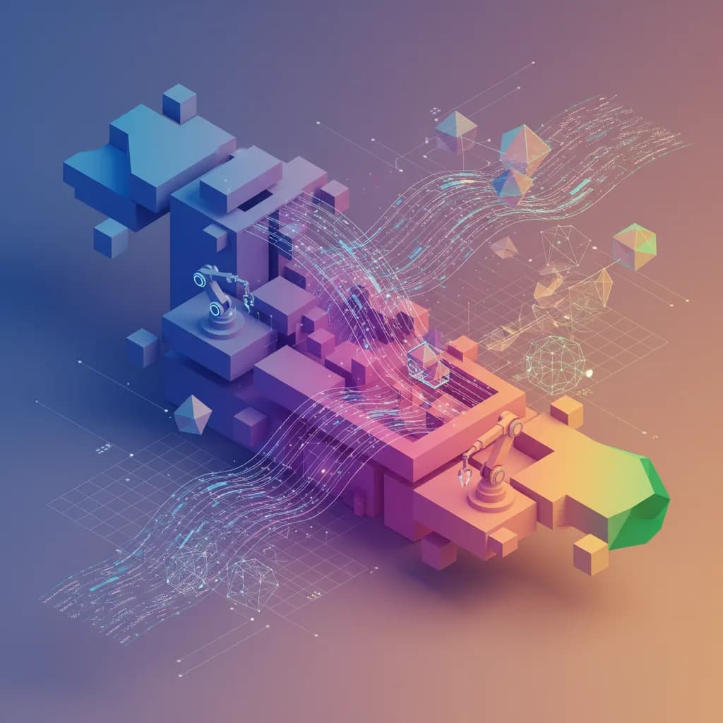 Ilustración abstracta de automatización de almacenes con formas geométricas y flujos digitales en azul y naranja