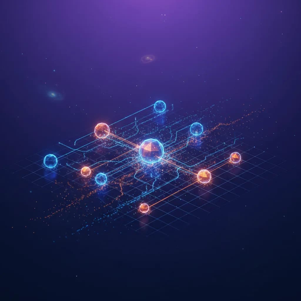 Ilustración abstracta de red AI distribuida con nodos interconectados y flujos de datos luminosos en colores vibrantes