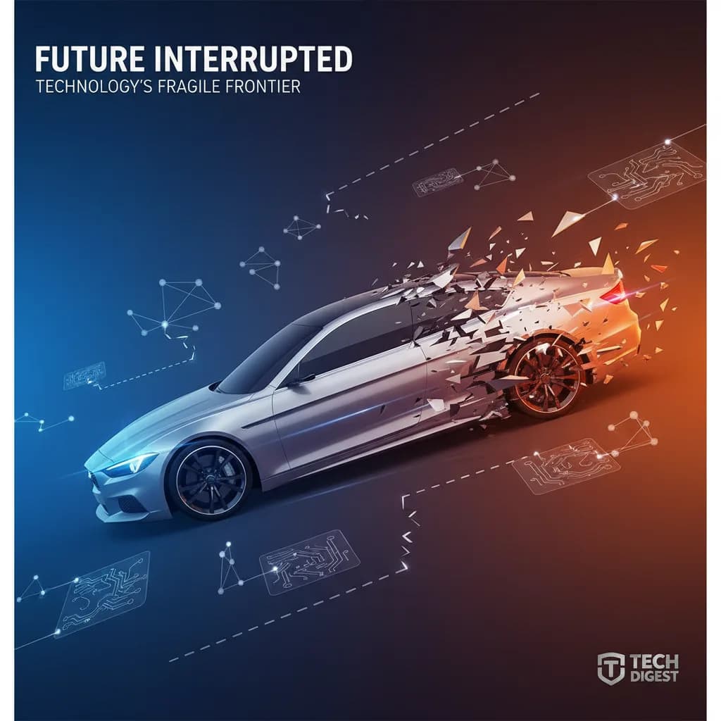 Ilustración abstracta de vehículo Tesla fragmentándose con circuitos digitales representando limitaciones del FSD