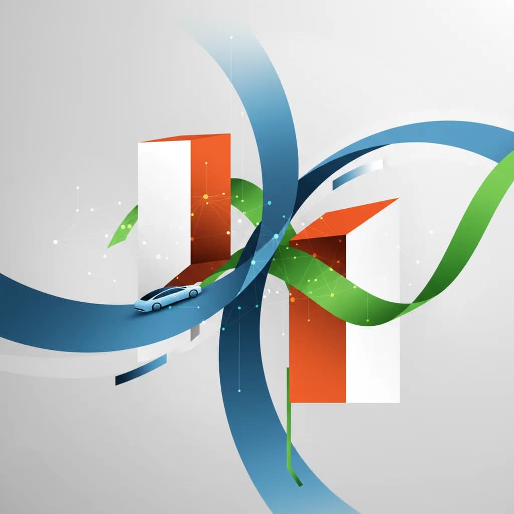 Ilustración editorial abstracta sobre Tesla FSD en Países Bajos con formas geométricas y colores modernos