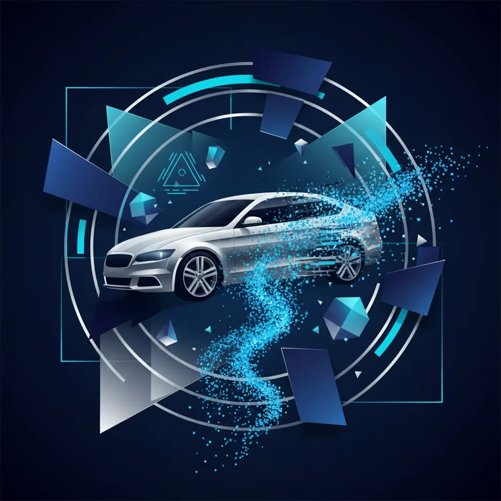 Ilustración editorial abstracta sobre regulación de Tesla y tecnología autónoma con elementos digitales