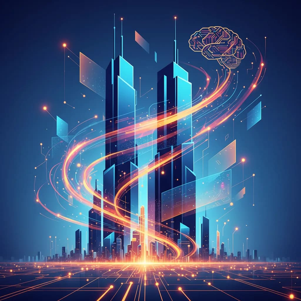 Ilustración abstracta de ciudad inteligente con formas geométricas y redes digitales en azul y naranja vibrante