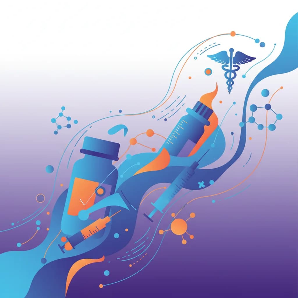 Ilustración abstracta de IA en medicina con formas geométricas y símbolos farmacéuticos interconectados