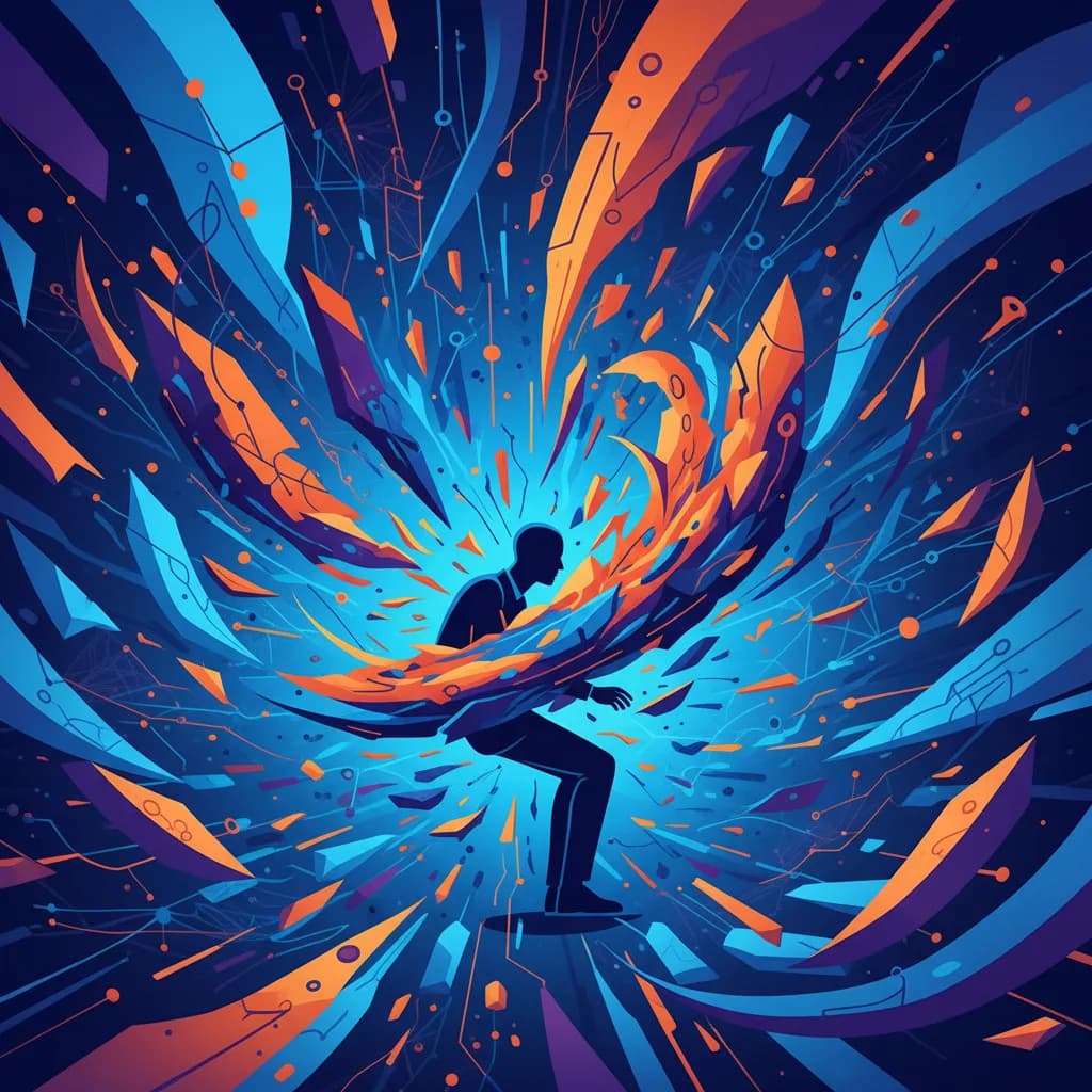 Ilustración abstracta de persona rodeada por flujos de datos digitales representando sobrecarga de IA empresarial