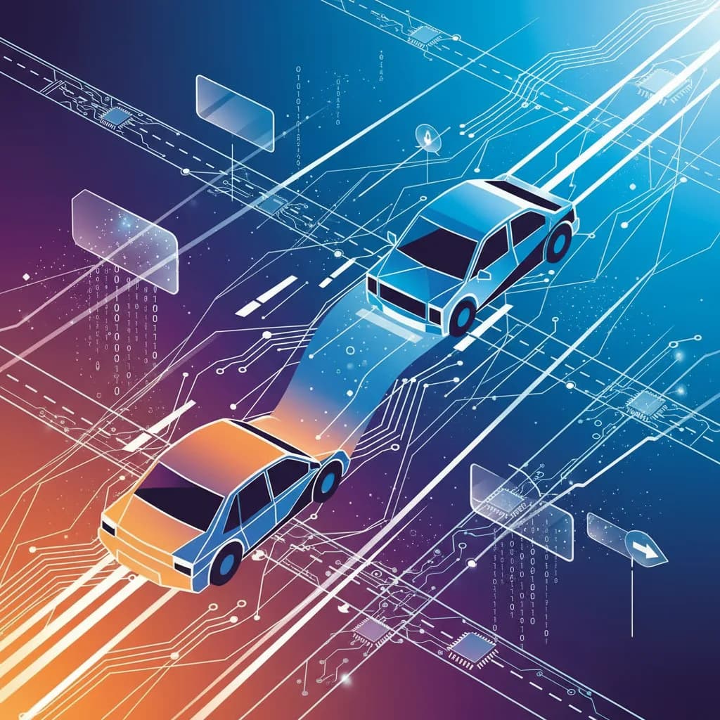 Ilustración abstracta de vehículos autónomos con patrones digitales y redes neurales en colores vibrantes