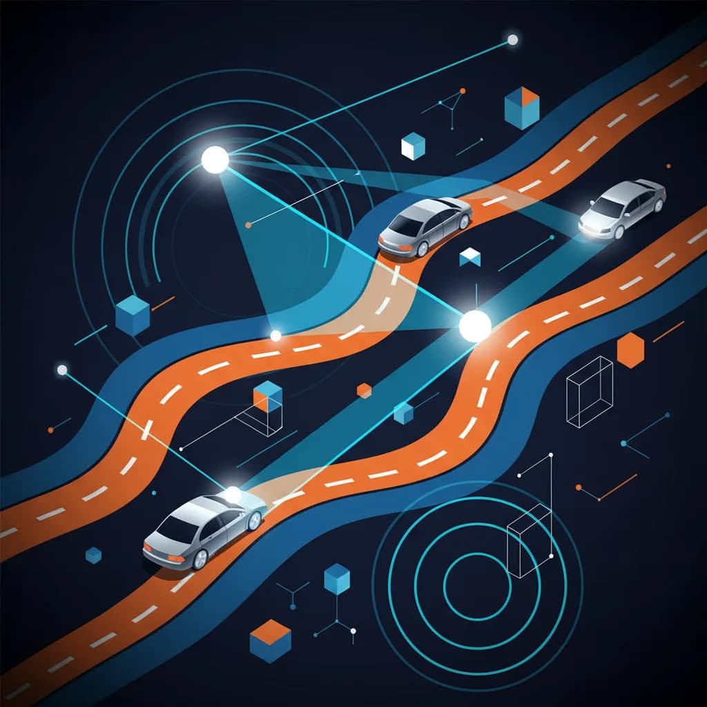 Ilustración abstracta sobre vehículos autónomos Waymo y carriles bici mostrando innovación en movilidad urbana