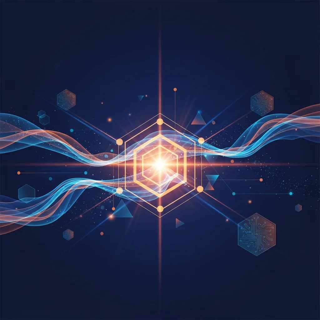 Ilustración abstracta de IA en negocios con nodos geométricos y flujos de datos para optimización de KPIs