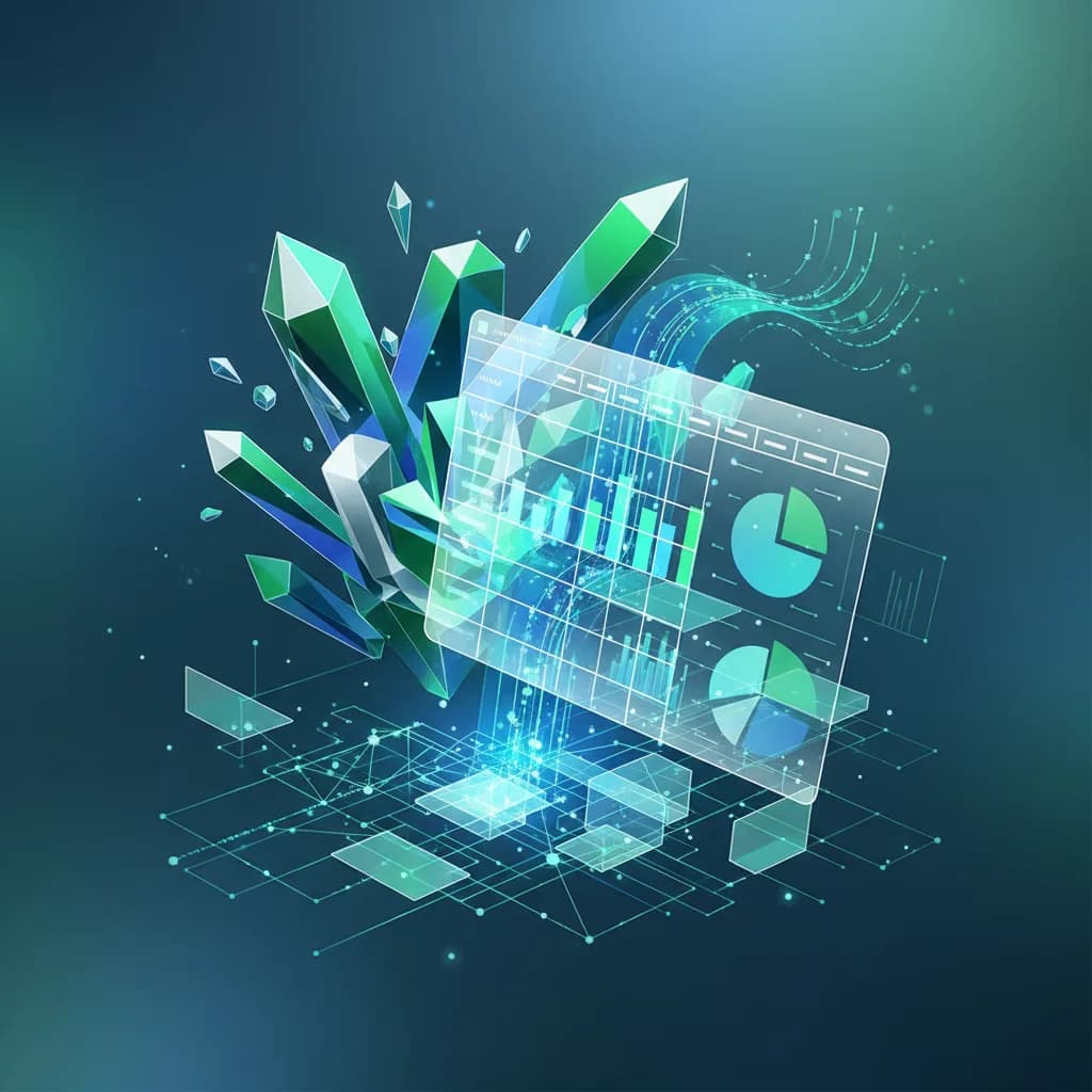 Ilustración abstracta de estructuras cristalinas y patrones de datos representando IA en hojas de cálculo