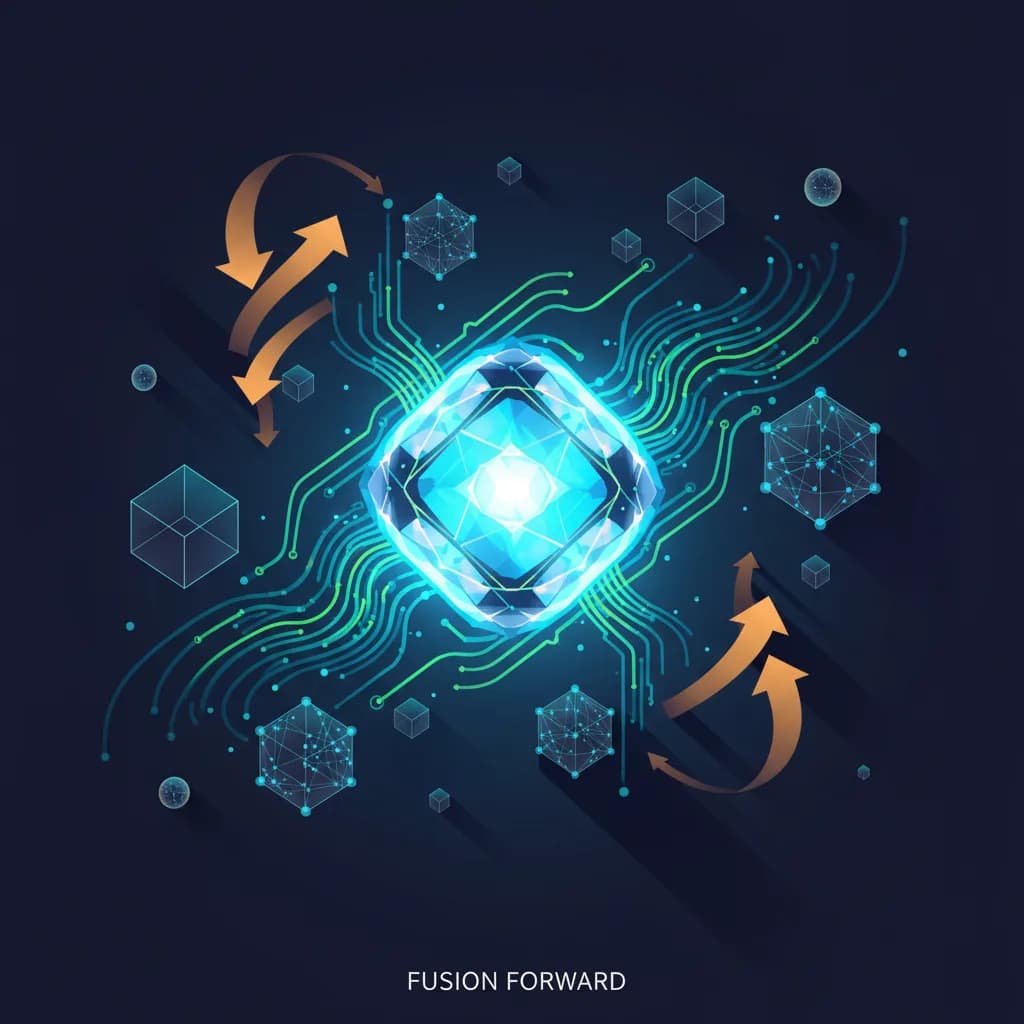 Ilustración abstracta de reactor nuclear cristalino con flujos de energía y formas geométricas representando IA